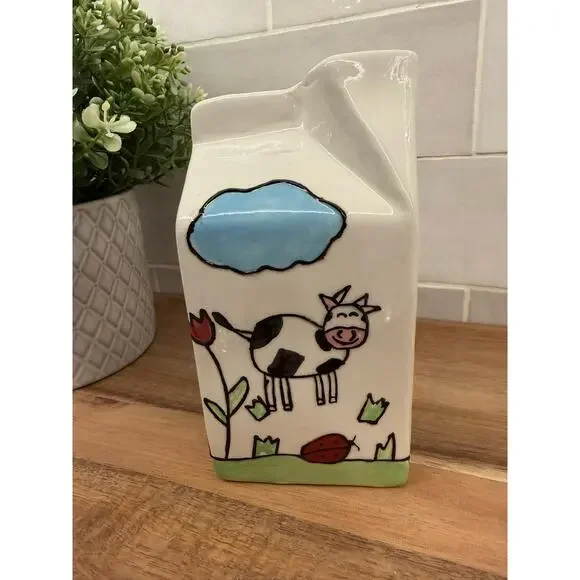 VTG Ganz Ceramic Milk‎ Creamer Carton with Spout Drawn Cows and Flowers - Picture 4 of 9
